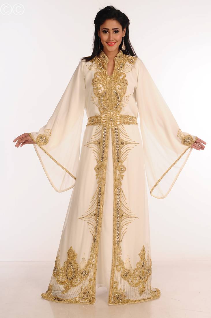 Cream Zari Work Stones & Beads Embellish Georgette  Islamic Style Arabian Maxi Partywear Kaftan