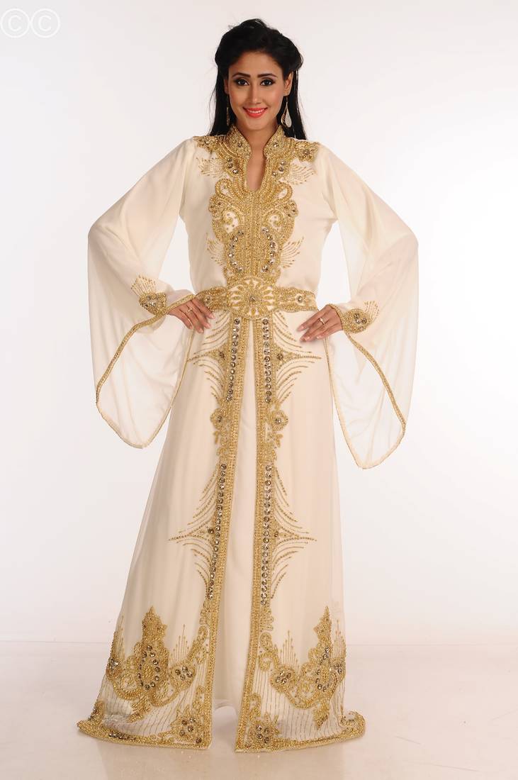 Cream Zari Work Stones & Beads Embellish Georgette  Islamic Style Arabian Maxi Partywear Kaftan