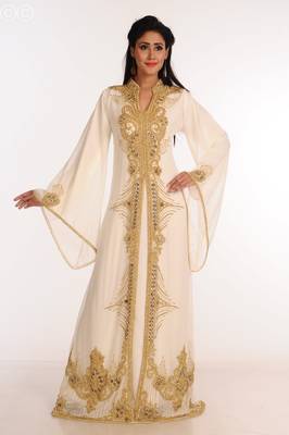 Cream Zari Work Stones & Beads Embellish Georgette  Islamic Style Arabian Maxi Partywear Kaftan 4