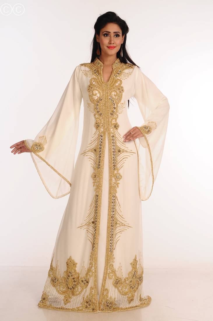 Cream Zari Work Stones & Beads Embellish Georgette  Islamic Style Arabian Maxi Partywear Kaftan
