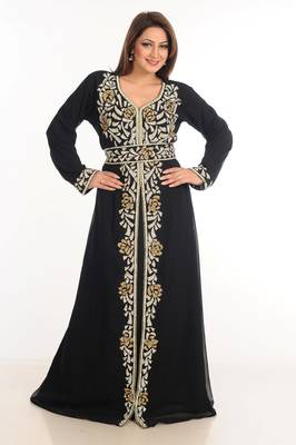 Black Zari Work Stones & Beads Embellish Georgette  Islamic Style Arabian Maxi Partywear Kaftan 2