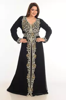Black Zari Work Stones & Beads Embellish Georgette  Islamic Style Arabian Maxi Partywear Kaftan