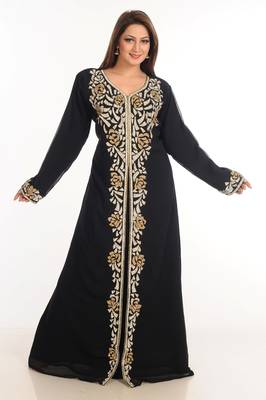 Black Zari Work Stones & Beads Embellish Georgette  Islamic Style Arabian Maxi Partywear Kaftan 4