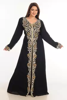 Black Zari Work Stones & Beads Embellish Georgette  Islamic Style Arabian Maxi Partywear Kaftan