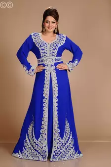 Blue Zari Work Stones & Beads Embellish Georgette  Islamic Style Arabian Maxi Partywear Kaftan