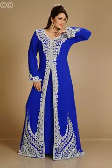 Blue Zari Work Stones & Beads Embellish Georgette  Islamic Style Arabian Maxi Partywear Kaftan