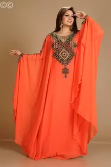 Red Zari Work Stones & Beads Embellish Georgette  Islamic Style Arabian Maxi Partywear Kaftan