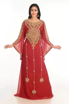 Maroon Zari Work Stones & Beads Embellish Georgette  Islamic Style Arabian Maxi Partywear Kaftan