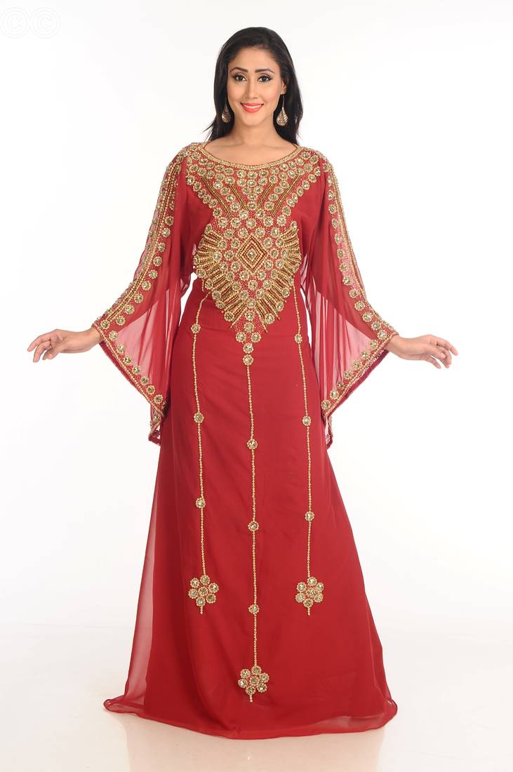 Maroon Zari Work Stones & Beads Embellish Georgette  Islamic Style Arabian Maxi Partywear Kaftan
