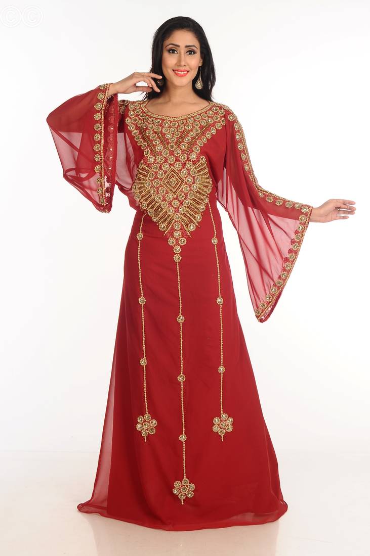 Maroon Zari Work Stones & Beads Embellish Georgette  Islamic Style Arabian Maxi Partywear Kaftan