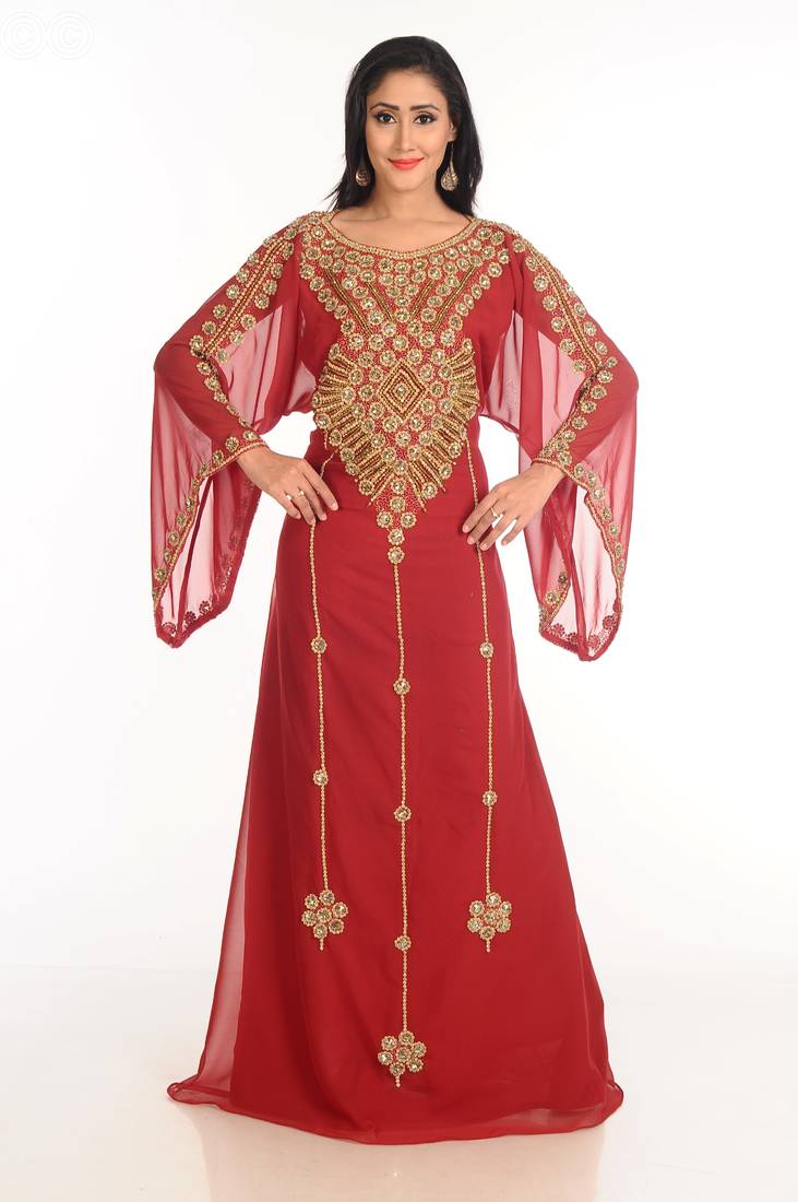 Maroon Zari Work Stones & Beads Embellish Georgette  Islamic Style Arabian Maxi Partywear Kaftan