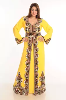 Yellow Zari Work Stones & Beads Embellish Georgette  Islamic Style Arabian Maxi Partywear Kaftan