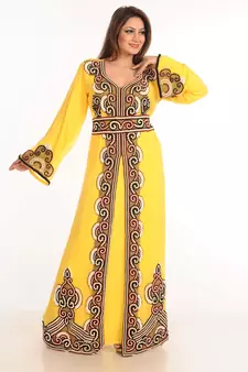 Yellow Zari Work Stones & Beads Embellish Georgette  Islamic Style Arabian Maxi Partywear Kaftan