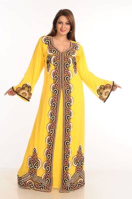 Yellow Zari Work Stones & Beads Embellish Georgette  Islamic Style Arabian Maxi Partywear Kaftan 4