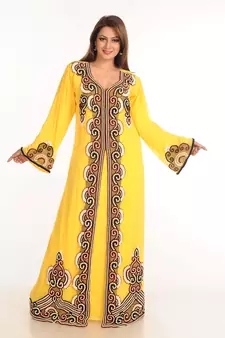 Yellow Zari Work Stones & Beads Embellish Georgette  Islamic Style Arabian Maxi Partywear Kaftan