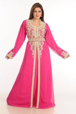 Pink Zari Work Stones & Beads Embellish Georgette  Islamic Style Arabian Maxi Partywear Kaftan 2