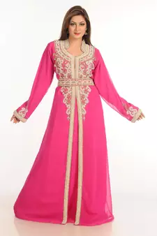 Pink Zari Work Stones & Beads Embellish Georgette  Islamic Style Arabian Maxi Partywear Kaftan