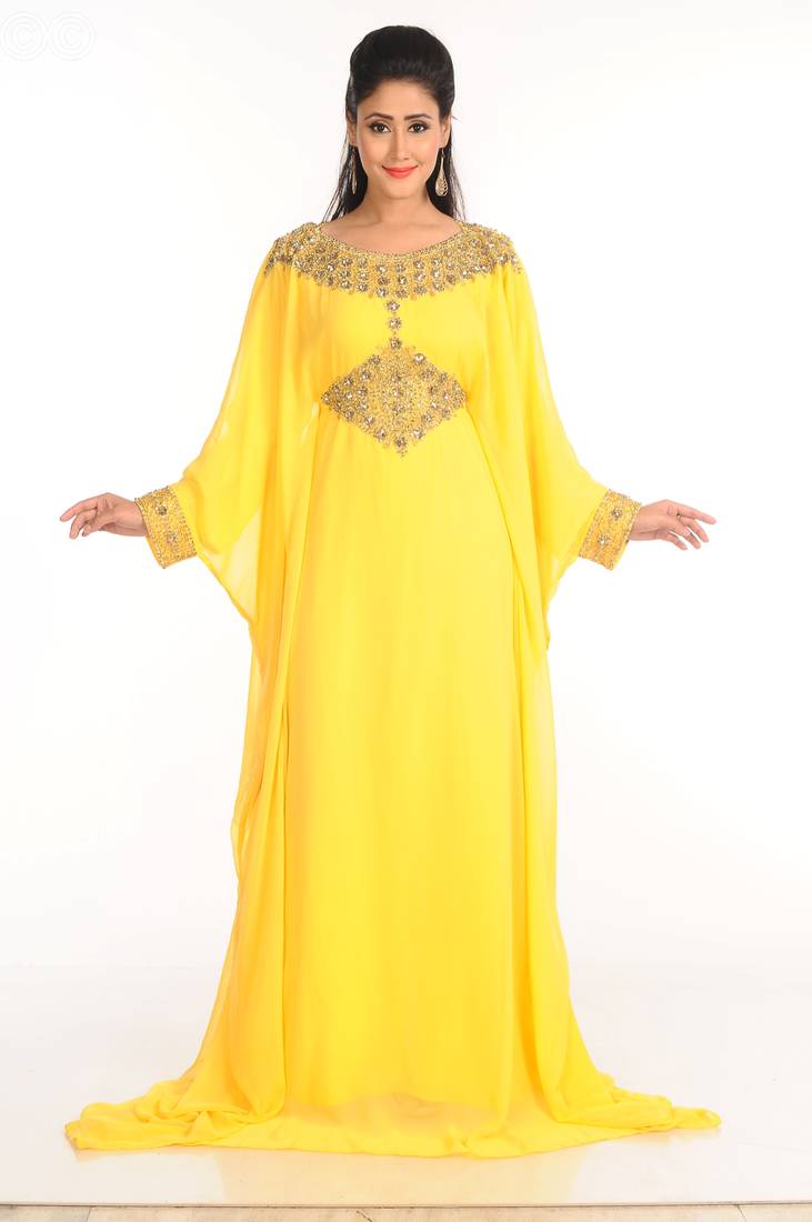 Yellow Zari Work Stones & Beads Embellish Georgette  Islamic Style Arabian Maxi Partywear Kaftan