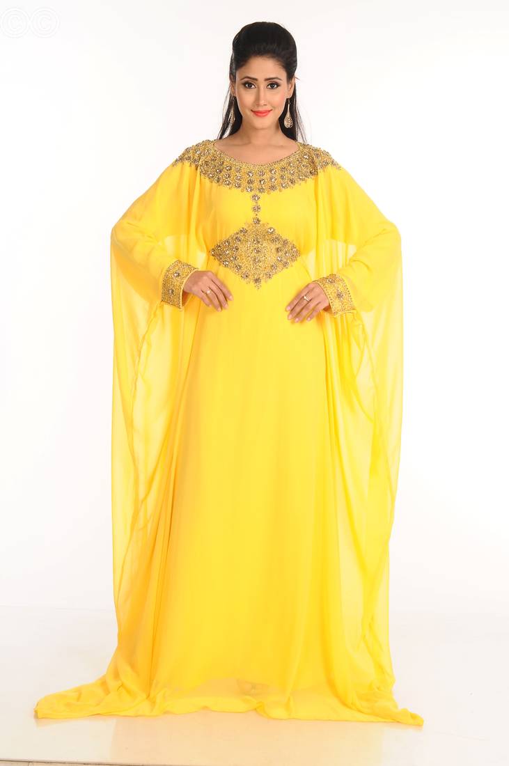 Yellow Zari Work Stones & Beads Embellish Georgette  Islamic Style Arabian Maxi Partywear Kaftan
