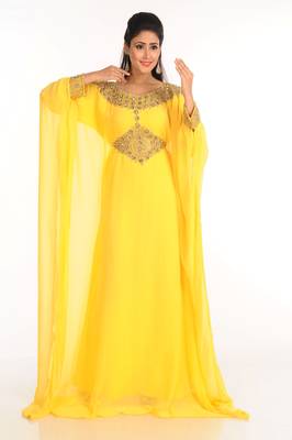 Yellow Zari Work Stones & Beads Embellish Georgette  Islamic Style Arabian Maxi Partywear Kaftan 4
