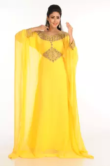 Yellow Zari Work Stones & Beads Embellish Georgette  Islamic Style Arabian Maxi Partywear Kaftan