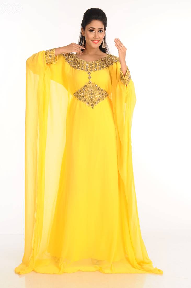 Yellow Zari Work Stones & Beads Embellish Georgette  Islamic Style Arabian Maxi Partywear Kaftan
