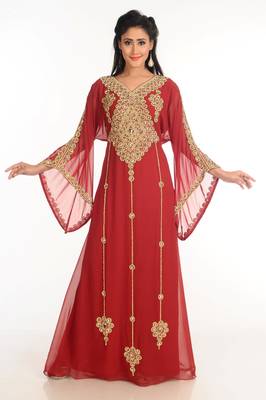 Maroon Zari Work Stones & Beads Embellish Georgette  Islamic Style Arabian Maxi Partywear Kaftan 2