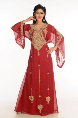 Maroon Zari Work Stones & Beads Embellish Georgette  Islamic Style Arabian Maxi Partywear Kaftan 3