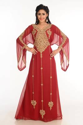 Maroon Zari Work Stones & Beads Embellish Georgette  Islamic Style Arabian Maxi Partywear Kaftan 4