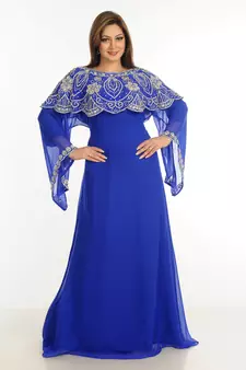 Blue Zari Work Stones & Beads Embellish Georgette  Islamic Style Arabian Maxi Partywear Kaftan