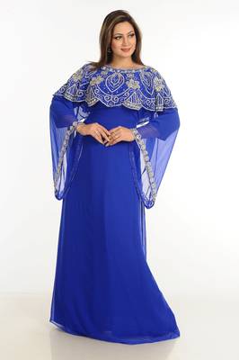 Blue Zari Work Stones & Beads Embellish Georgette  Islamic Style Arabian Maxi Partywear Kaftan 4