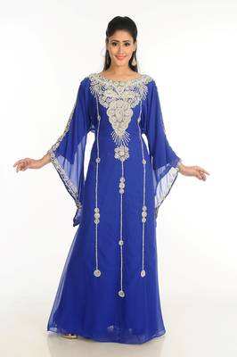 Blue Zari Work Stones & Beads Embellish Georgette  Islamic Style Arabian Maxi Partywear Kaftan 2