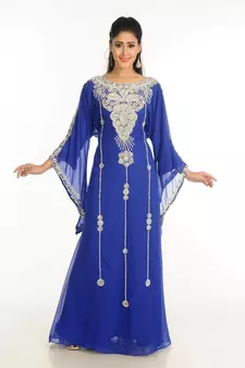 Blue Zari Work Stones & Beads Embellish Georgette  Islamic Style Arabian Maxi Partywear Kaftan