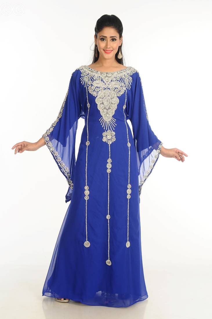 Blue Zari Work Stones & Beads Embellish Georgette  Islamic Style Arabian Maxi Partywear Kaftan