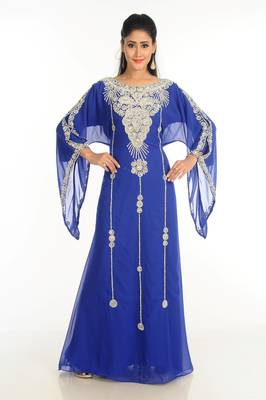 Blue Zari Work Stones & Beads Embellish Georgette  Islamic Style Arabian Maxi Partywear Kaftan 3