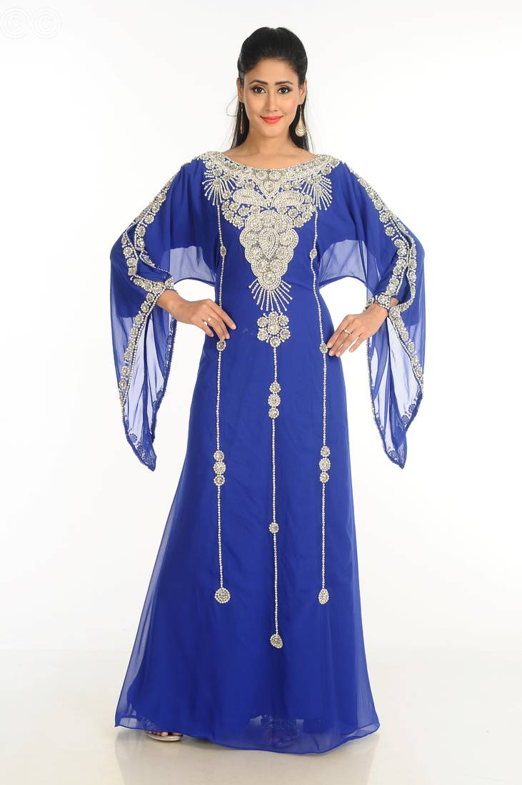 Blue Zari Work Stones & Beads Embellish Georgette  Islamic Style Arabian Maxi Partywear Kaftan