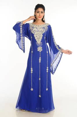 Blue Zari Work Stones & Beads Embellish Georgette  Islamic Style Arabian Maxi Partywear Kaftan 4