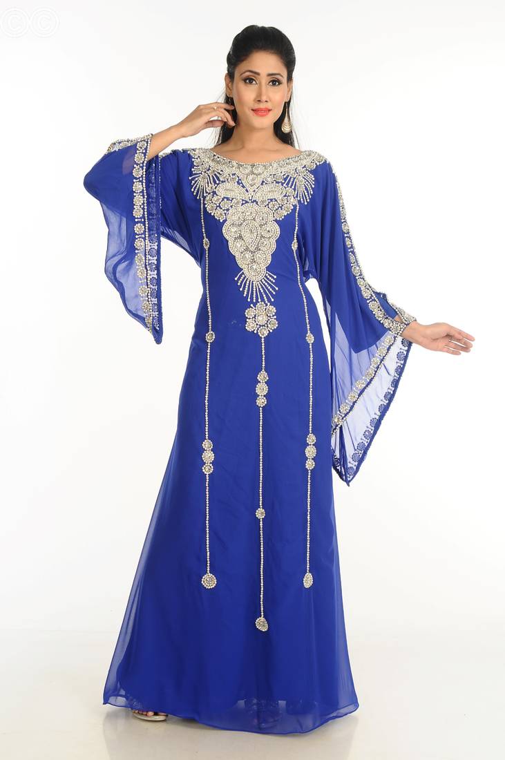 Blue Zari Work Stones & Beads Embellish Georgette  Islamic Style Arabian Maxi Partywear Kaftan