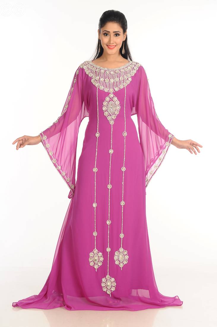 Purple Zari Work Stones & Beads Embellish Georgette  Islamic Style Arabian Maxi Partywear Kaftan