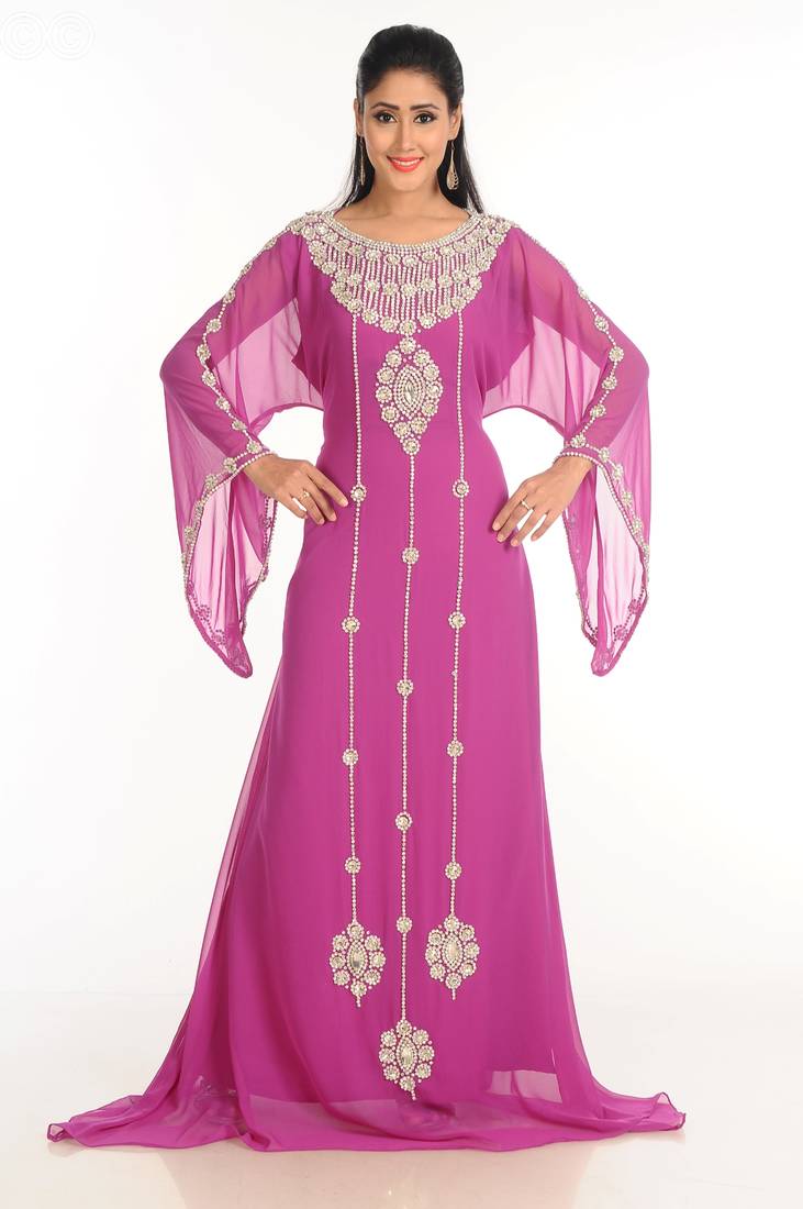Purple Zari Work Stones & Beads Embellish Georgette  Islamic Style Arabian Maxi Partywear Kaftan