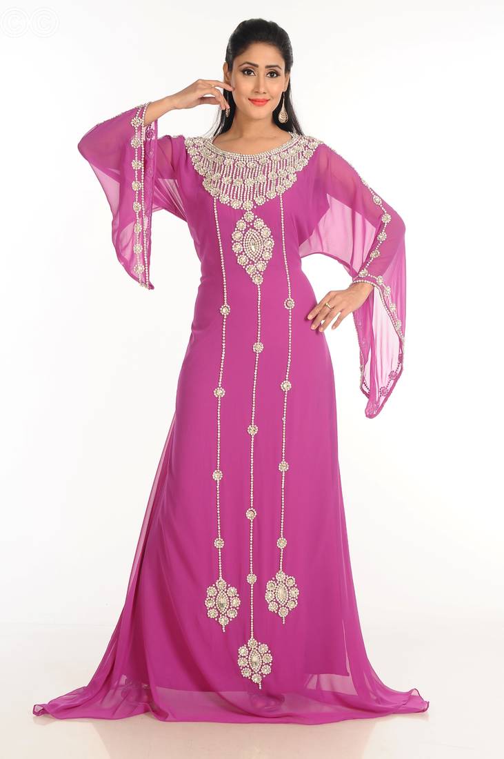 Purple Zari Work Stones & Beads Embellish Georgette  Islamic Style Arabian Maxi Partywear Kaftan