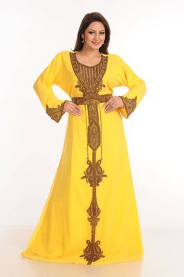 Yellow Zari Work Stones & Beads Embellish Georgette  Islamic Style Arabian Maxi Partywear Kaftan 2