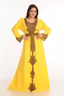 Yellow Zari Work Stones & Beads Embellish Georgette  Islamic Style Arabian Maxi Partywear Kaftan