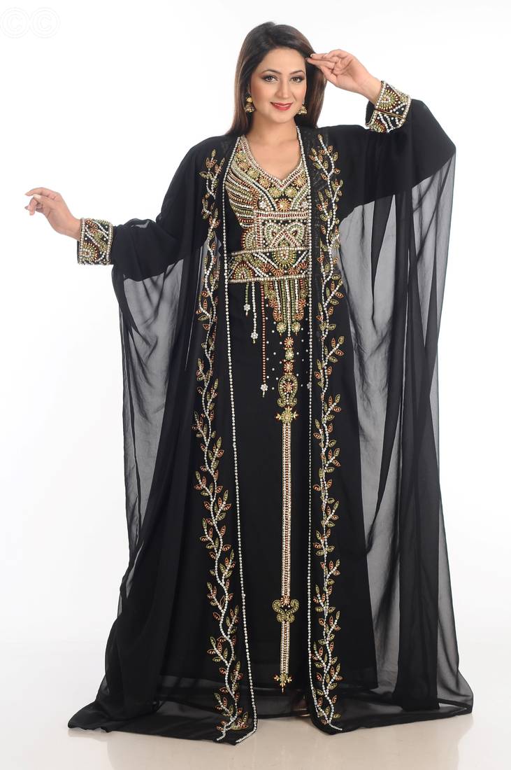 Black Zari Work Georgette Islamic Style Party Wear Stones And Beads Embedded Arabian Kaftan