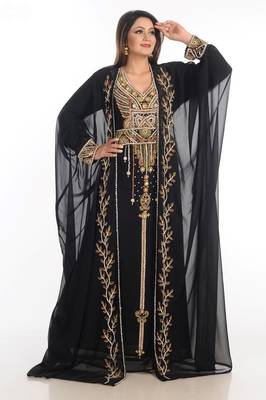 Black Zari Work Georgette Islamic Style Party Wear Stones And Beads Embedded Arabian Kaftan 3