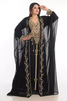 Black Zari Work Georgette Islamic Style Party Wear Stones And Beads Embedded Arabian Kaftan