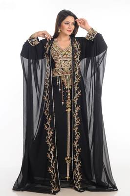 Black Zari Work Georgette Islamic Style Party Wear Stones And Beads Embedded Arabian Kaftan 4