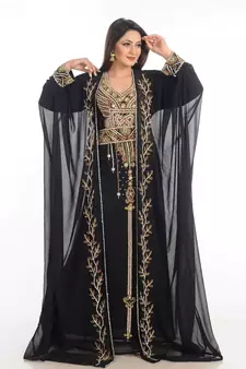Black Zari Work Georgette Islamic Style Party Wear Stones And Beads Embedded Arabian Kaftan