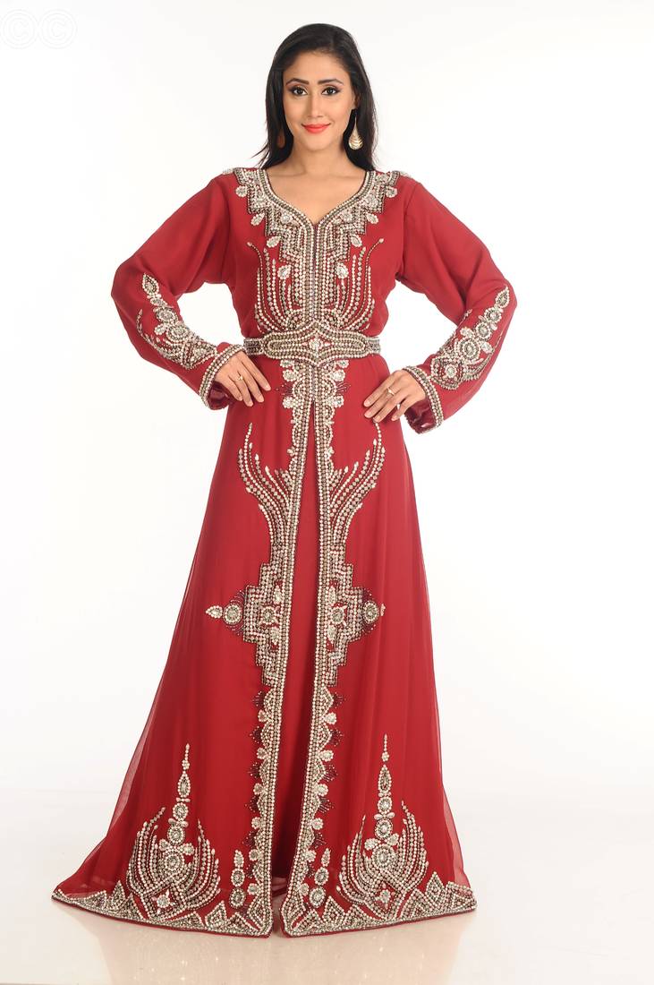 Maroon Zari Work Stones & Beads Embellish Georgette  Islamic Style Arabian Maxi Partywear Kaftan