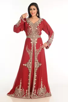 Maroon Zari Work Stones & Beads Embellish Georgette  Islamic Style Arabian Maxi Partywear Kaftan